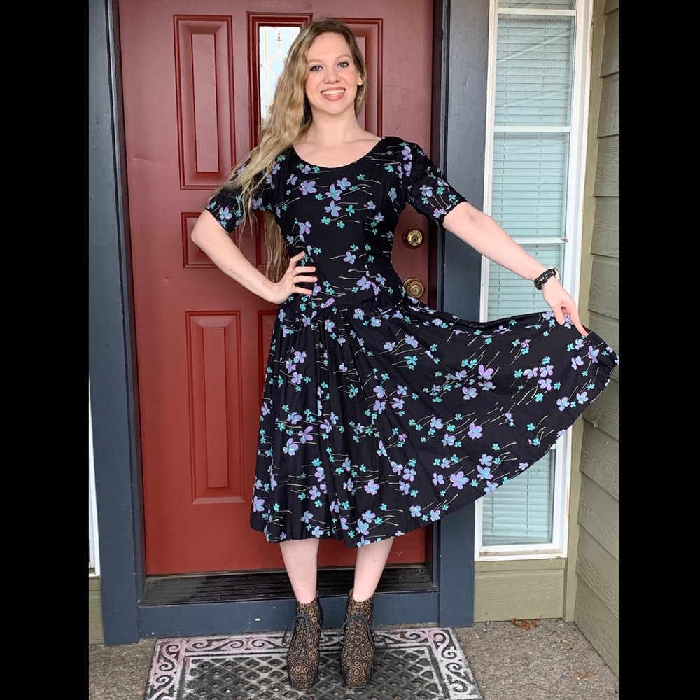1950s ANN MARSH Black Floral New York Day Dress